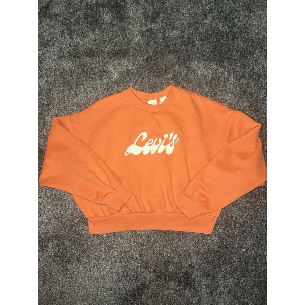 Levi's Womens Large Orange Cropped Sweatshirt Spellout Logo Crewneck Boxy